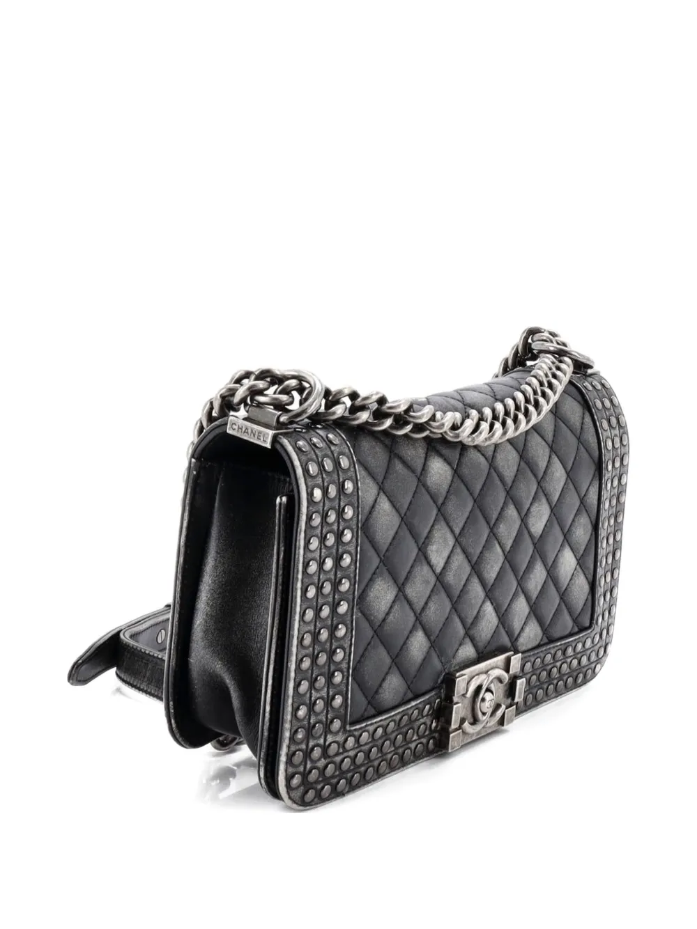  Chanel Pre-owned Paris-dallas Boy Flap Bag Studded Quilted Distressed Calfskin Old Medium Shoulder Bag - Black 