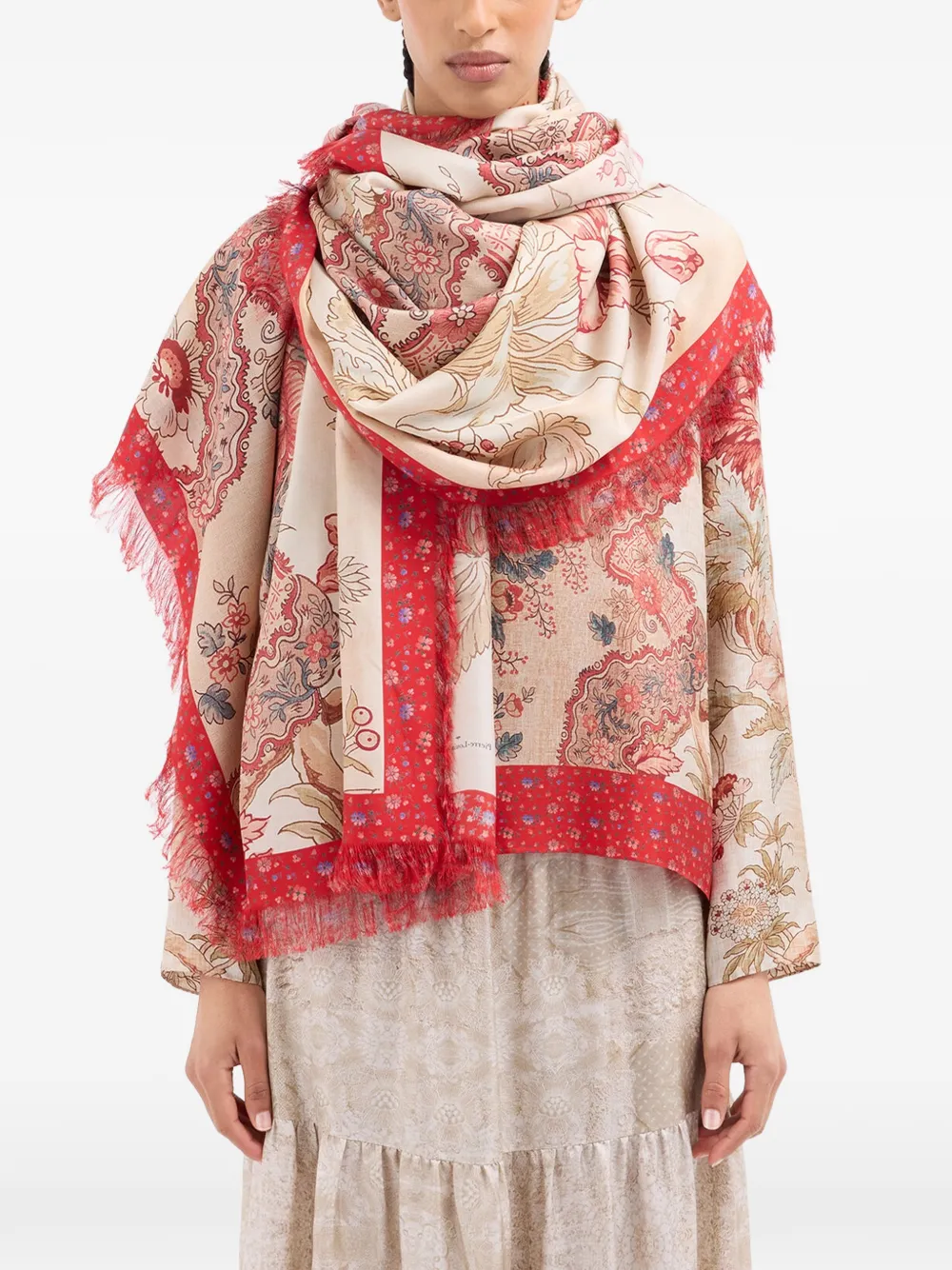 Pierre-Louis Mascia Aloeuw zijden sjaal met franje en bloemenprint Beige