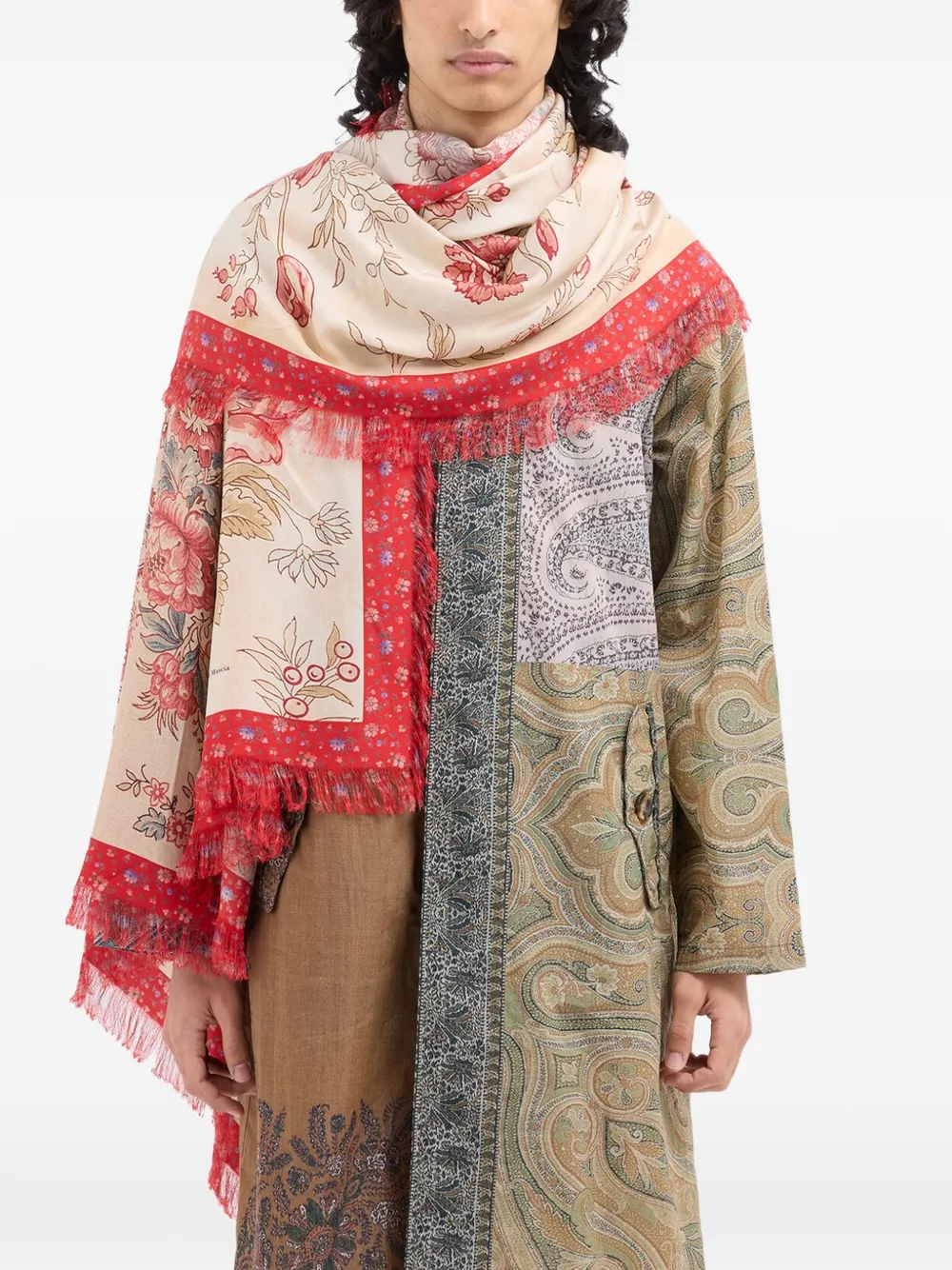 Pierre-Louis Mascia Aloeuw zijden sjaal met franje en bloemenprint Beige