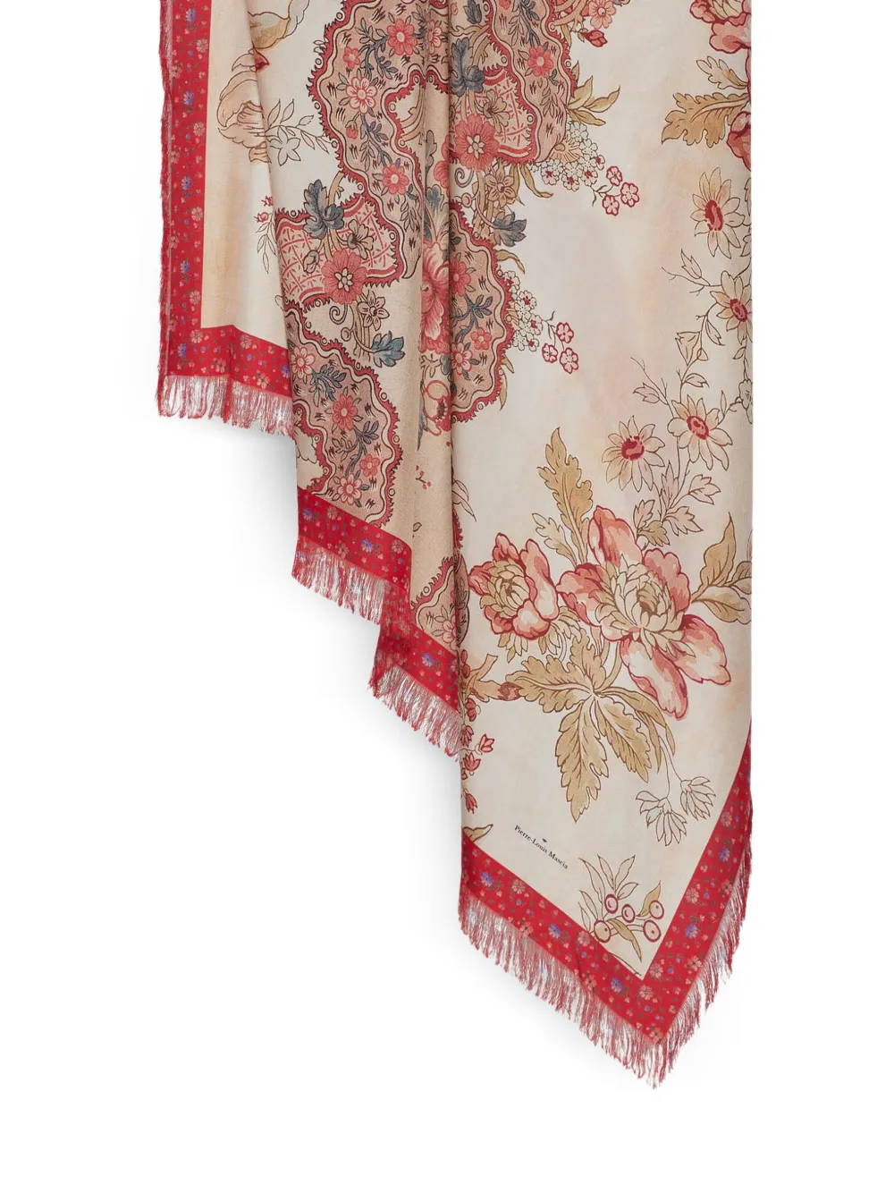 Pierre-Louis Mascia Aloeuw zijden sjaal met franje en bloemenprint Beige