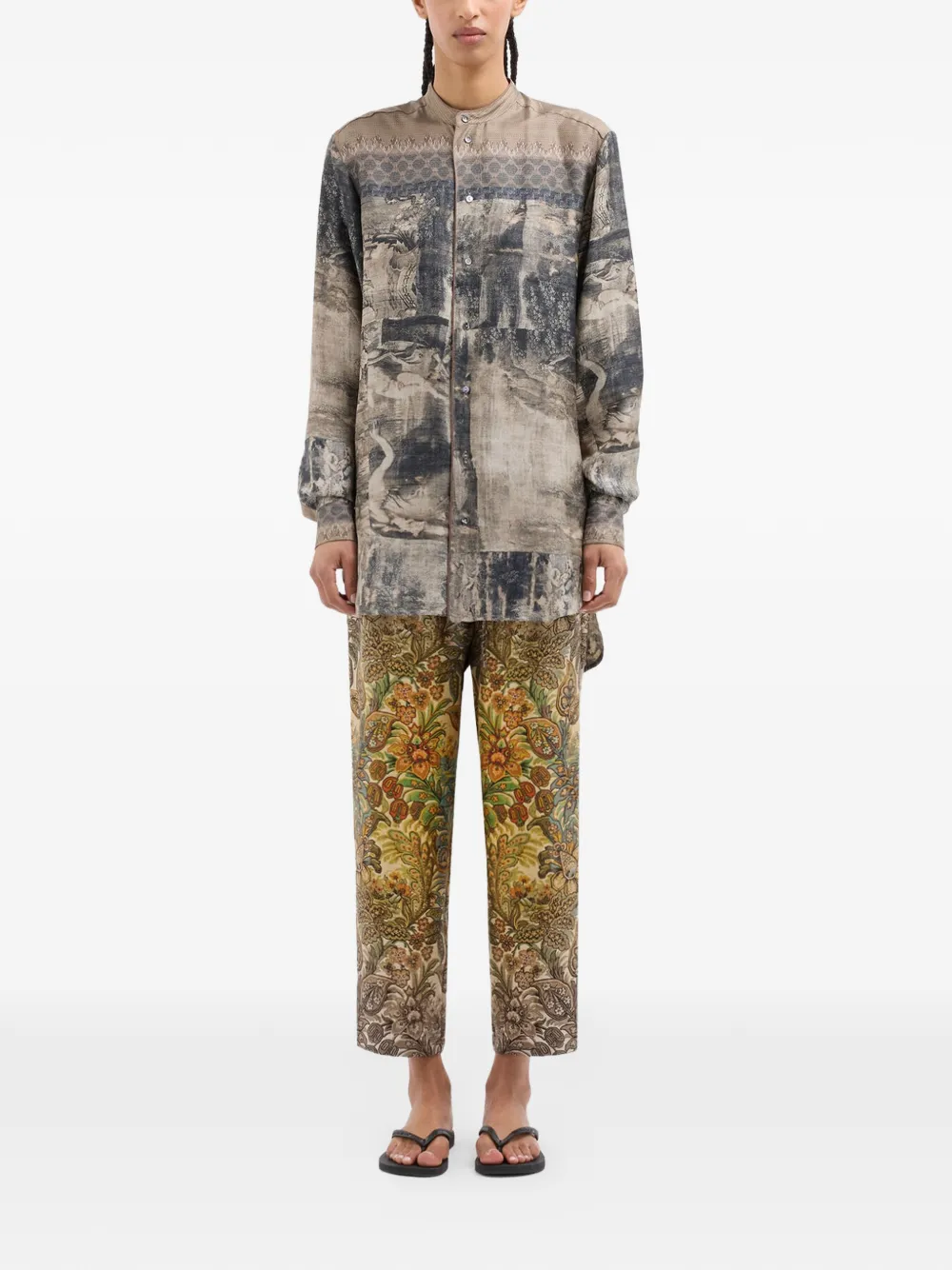 Aloe Band Collar Tapestry Print Longsleeve Shirt