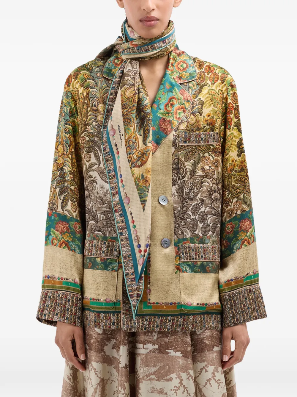 Pierre-Louis Mascia Aloeuw zijden sjaal met bloemen- en paisley-print Beige