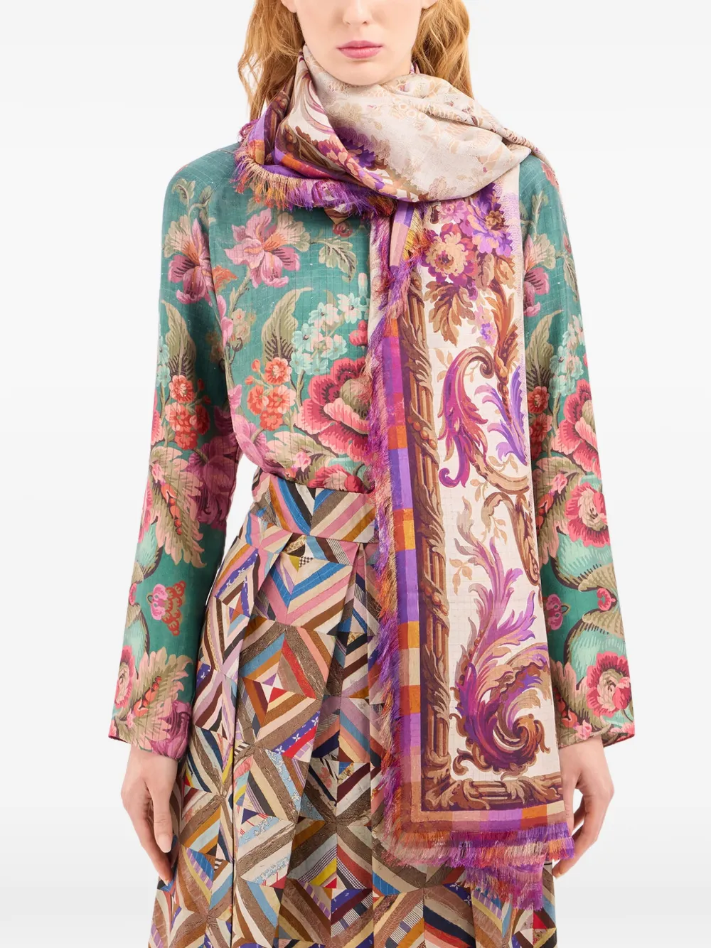 Aloeuw Baroque-Patterned Fringed Silk Scarf