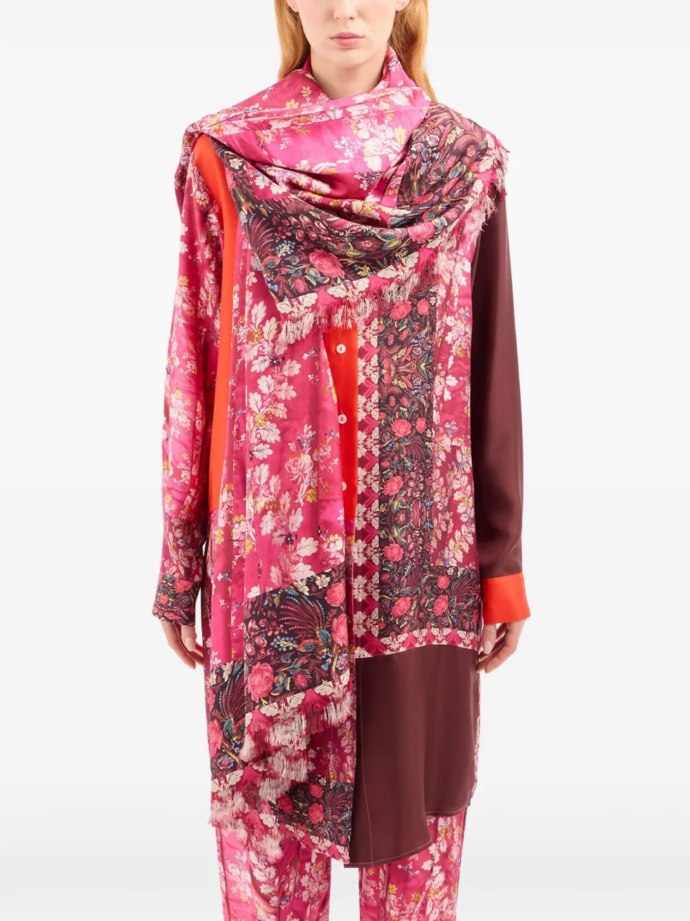 Aloeuw Floral-Print Fringed Silk Scarf