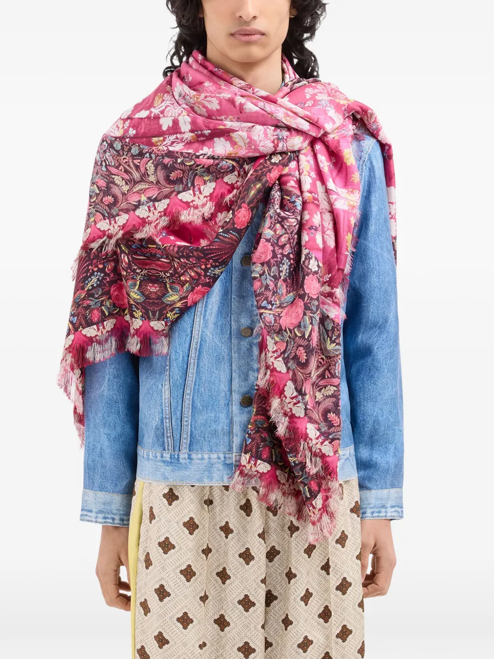 Aloeuw Floral-Print Fringed Silk Scarf
