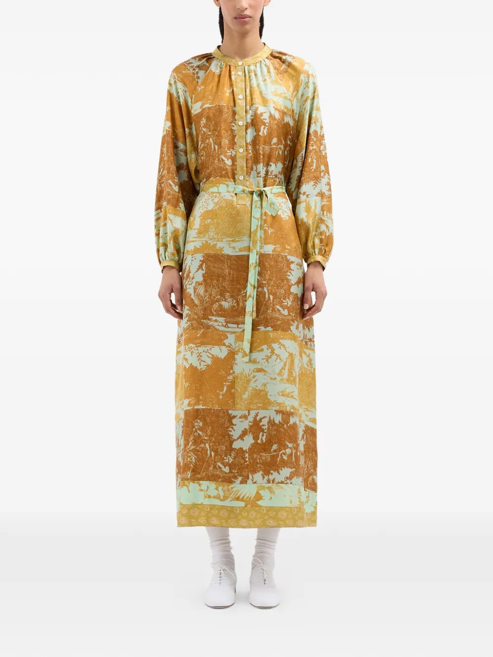 Pierre-Louis Mascia Aloe maxi-jurk met ceintuur en bloemenprint Bruin