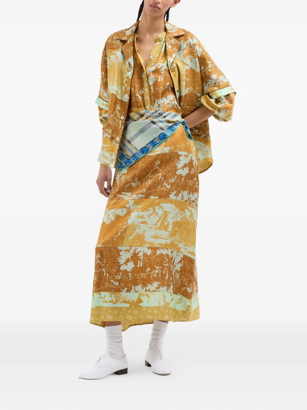 Pierre-Louis Mascia Aloe maxi-jurk met ceintuur en bloemenprint Bruin