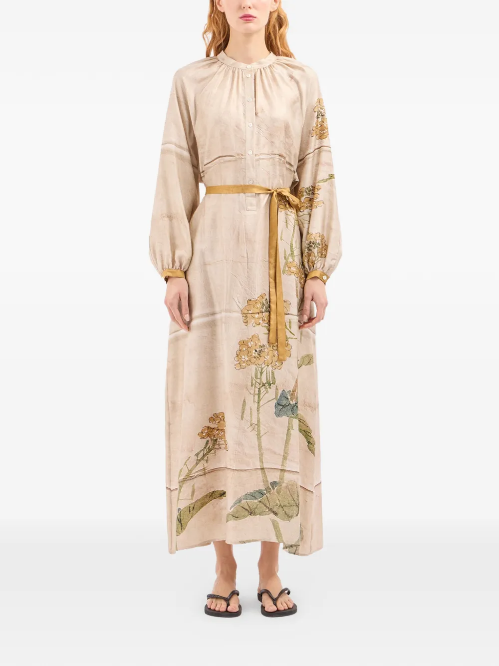 Pierre-Louis Mascia Aloe blousejurk met gesmockt detail en bloemenprint Beige