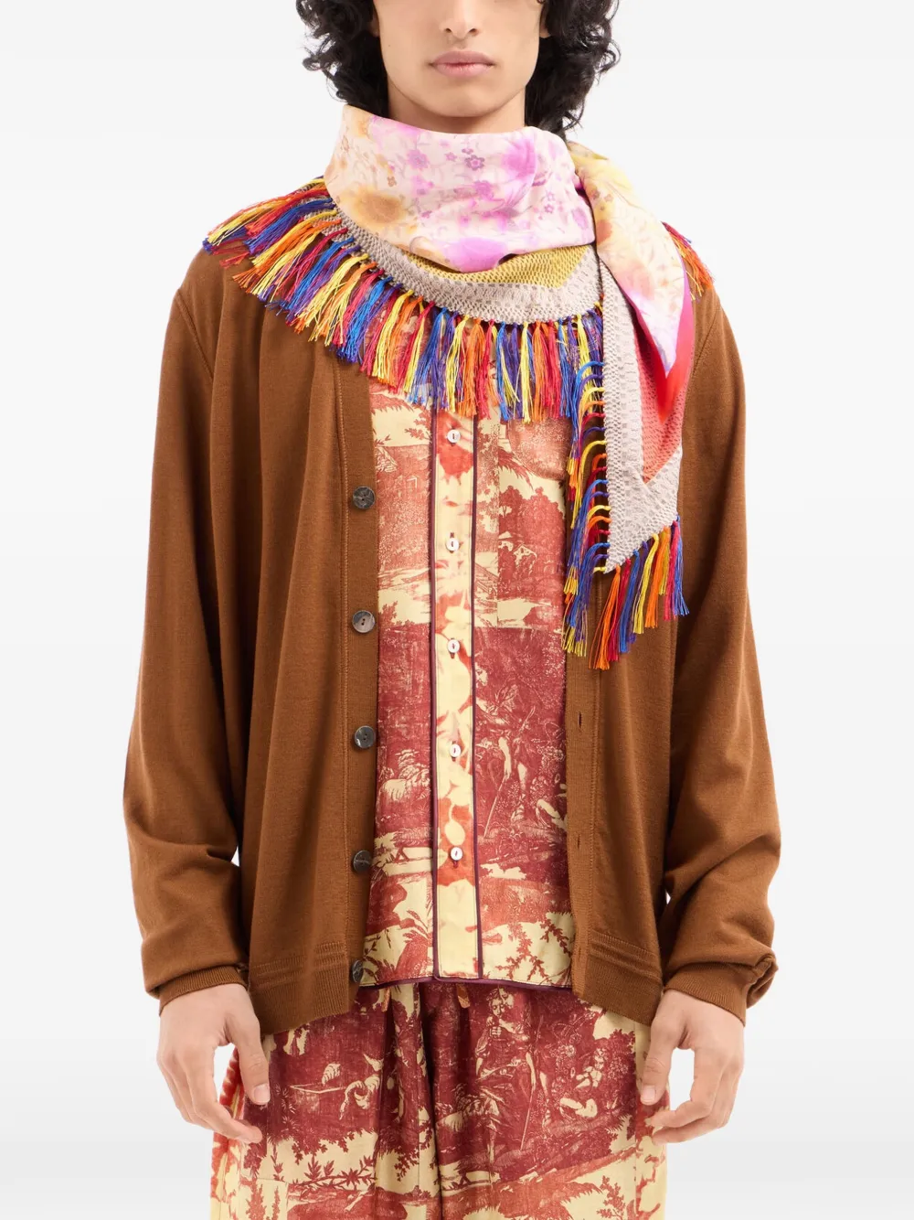 Pierre-Louis Mascia Sjaal met bloemenprint en franje afwerking Beige