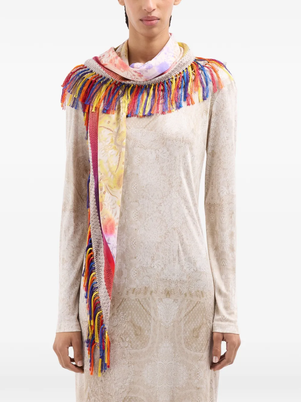 Pierre-Louis Mascia Sjaal met bloemenprint en franje afwerking Beige