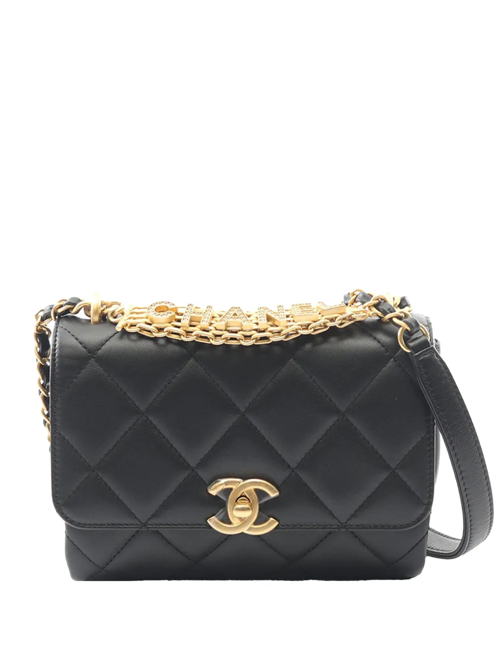 CHANEL Pre-Owned 2021-2026 Small Quilted Lambskin Crystal Logo Letters Chain Handle Flap shoulder bag - Nero