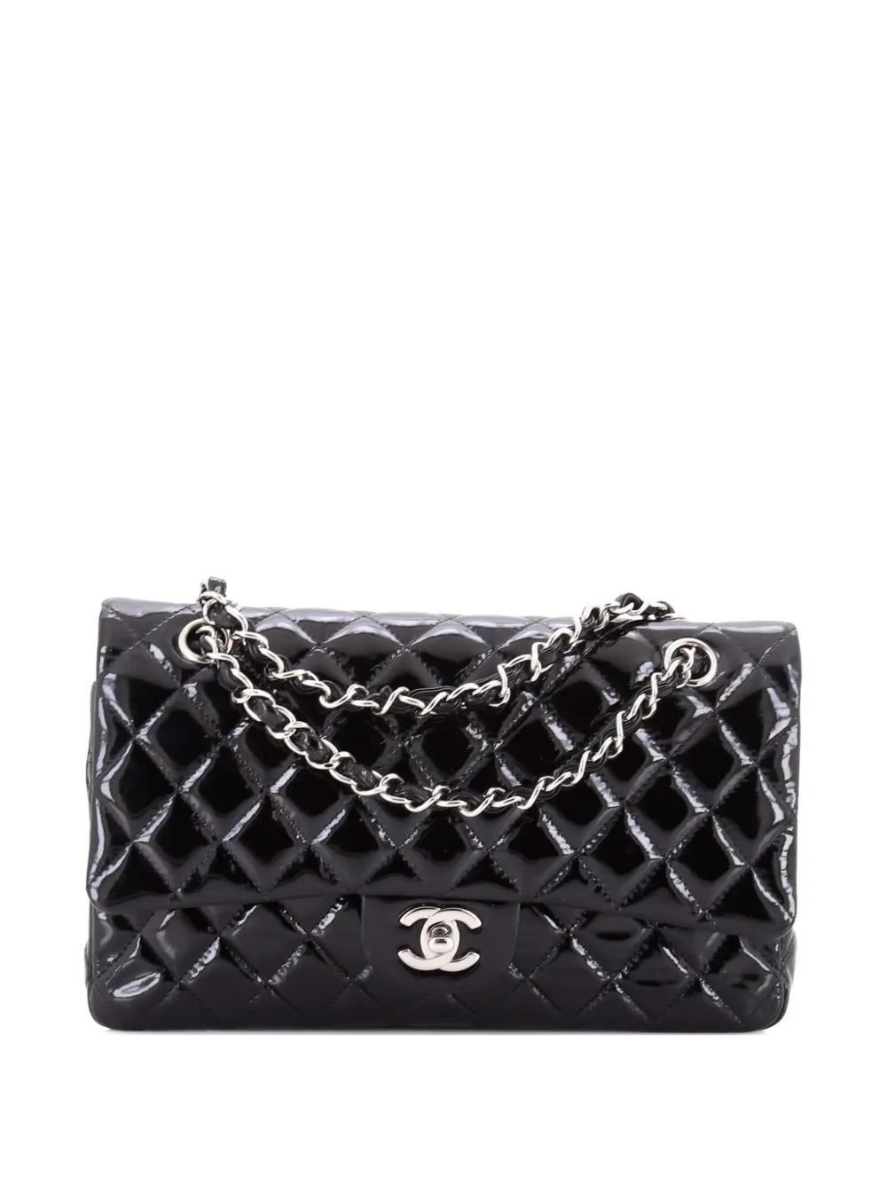 CHANEL Pre-Owned Borsa a spalla Classic Double Flap media in pelle verniciata trapuntata - Nero