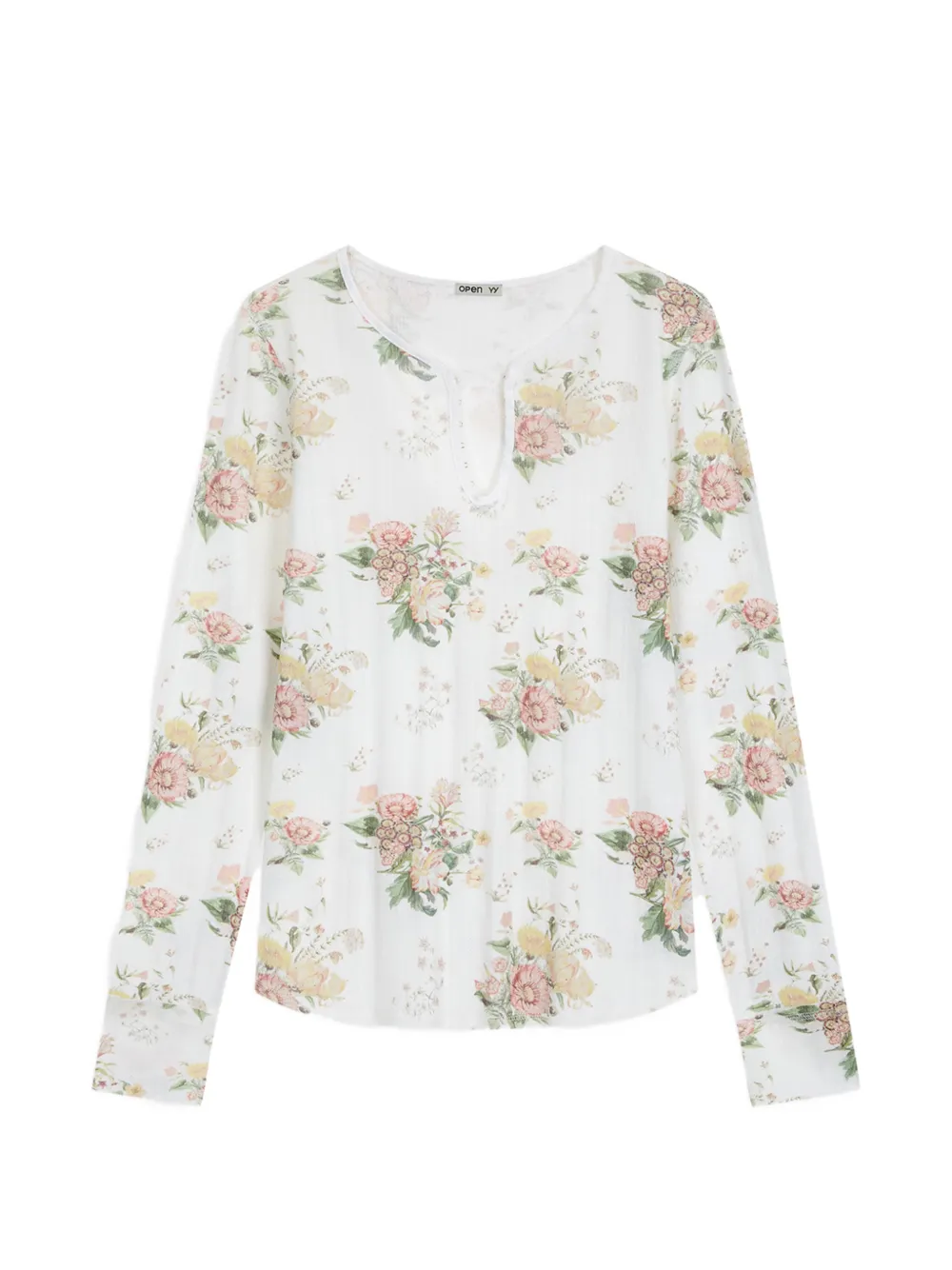 Open Yy Floral Henley Top In White