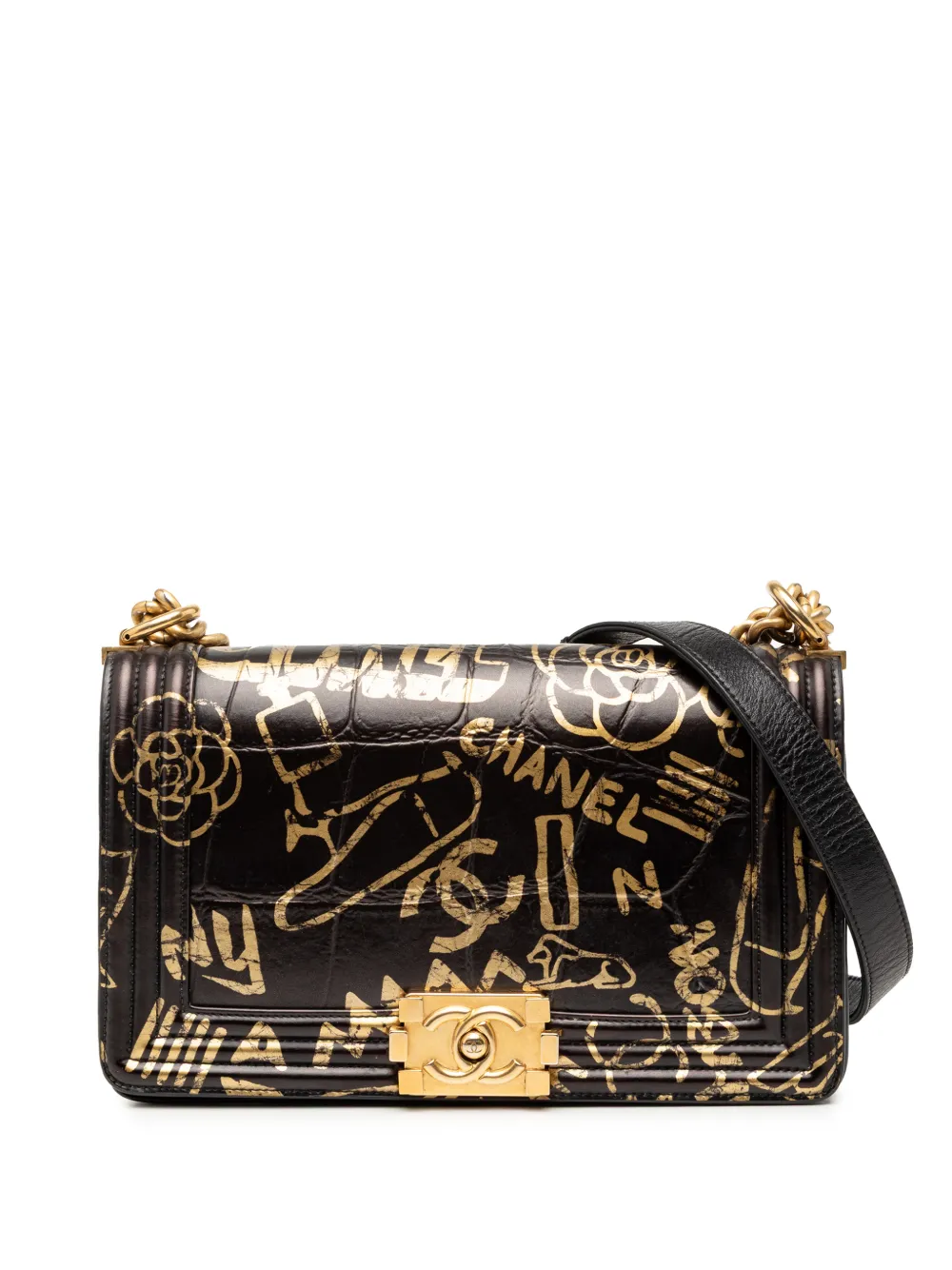 CHANEL Pre-Owned 2019 Medium Croc Embossed Leather Graffiti Cocodile Boy Flap shoulder bag - Nero