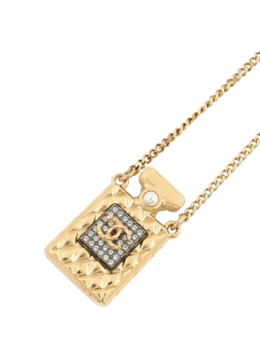 CHANEL Pre-Owned 2020 CC Gold Plated Crystal and Faux Pearl Perfume Bottle Pendant Necklace costume necklace - Oro