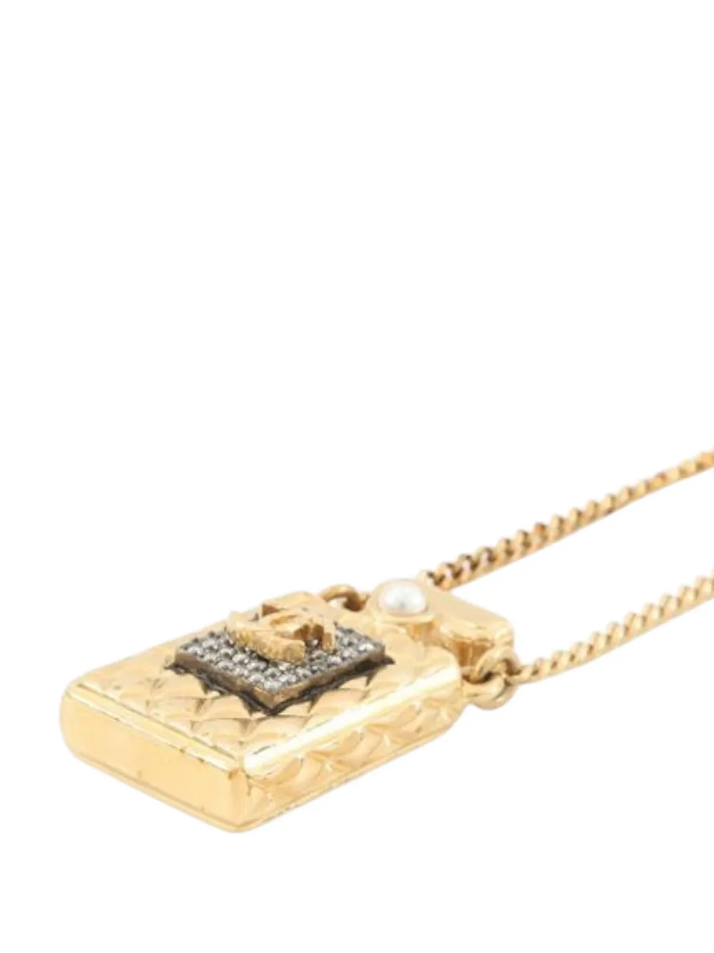  Chanel Pre-owned 2020 Cc Gold Plated Crystal And Faux Pearl Perfume Bottle Pendant Necklace Costume Necklace 