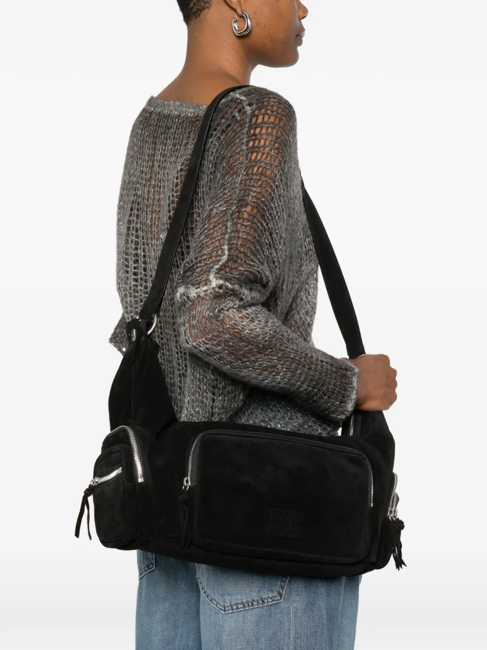 logo-embossed suede crossbody bag