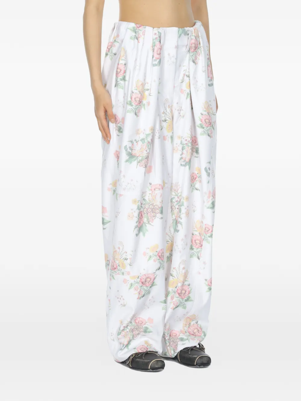 Open Yy Floral Gather Trousers - White 