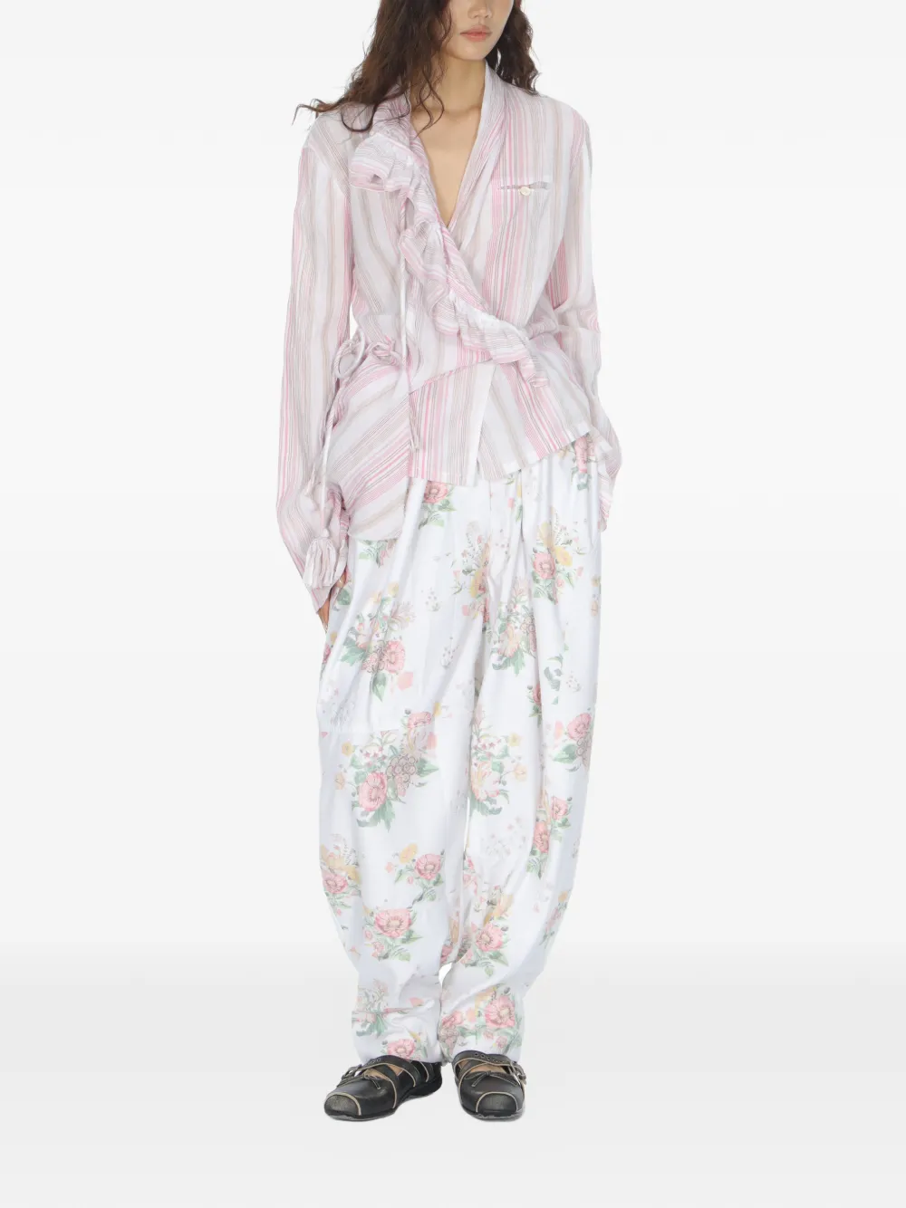  Open Yy Floral Gather Trousers - White 
