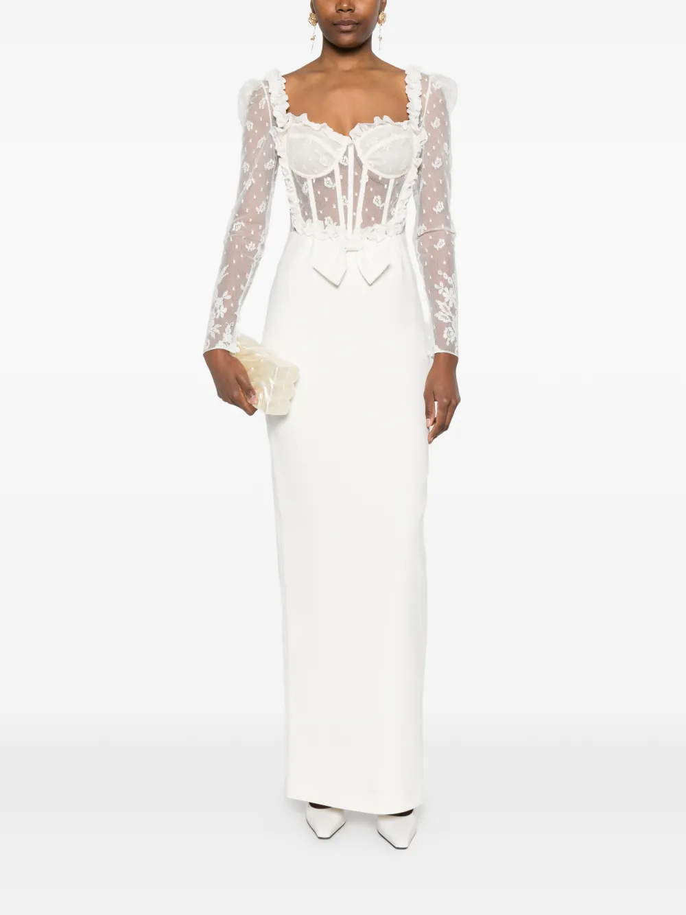  Alessandra Rich Lace Bow Maxi Dress - Neutrals 
