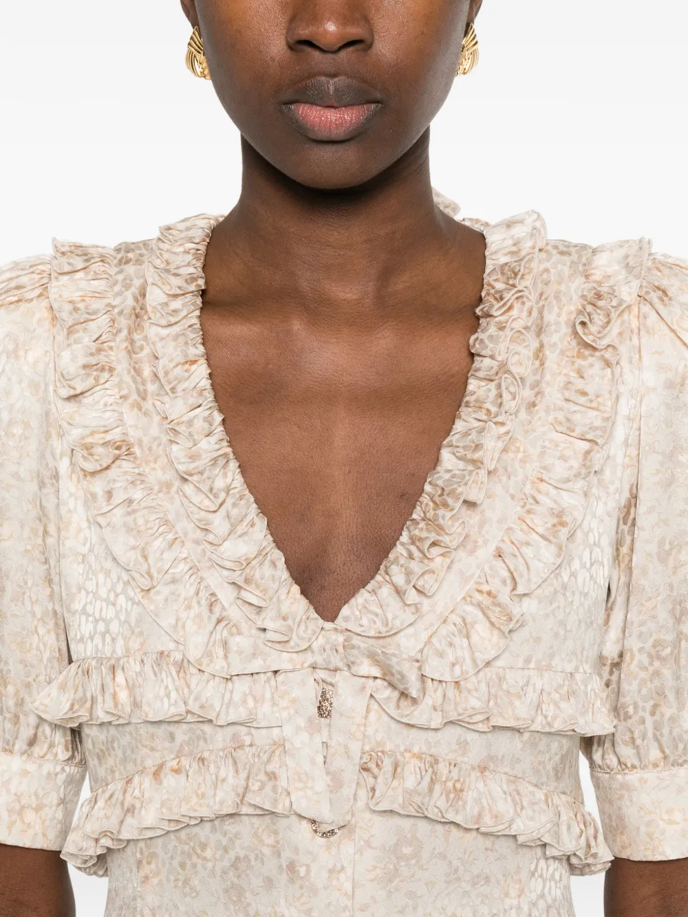 Alessandra Rich Jurk met ruches en bloemenprint Beige