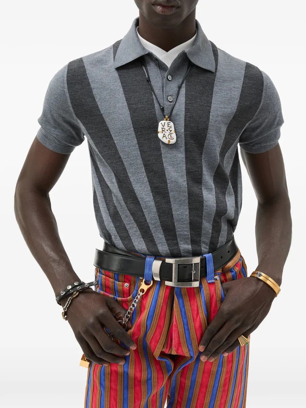 embroidered intarsia wool knit polo