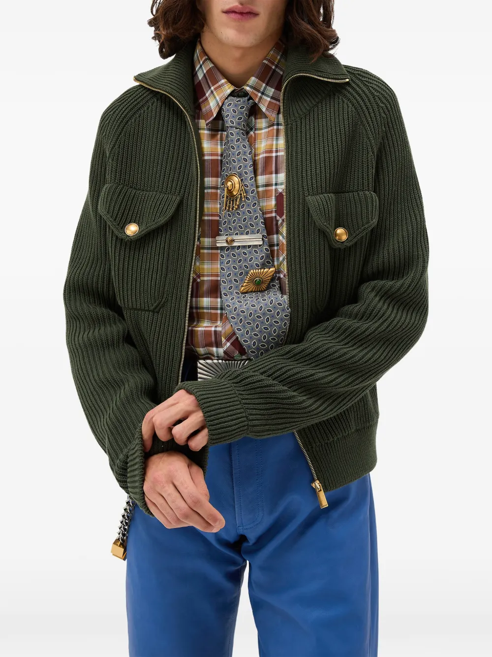  Versace Zip Ribbed Knit Jacket - Green 