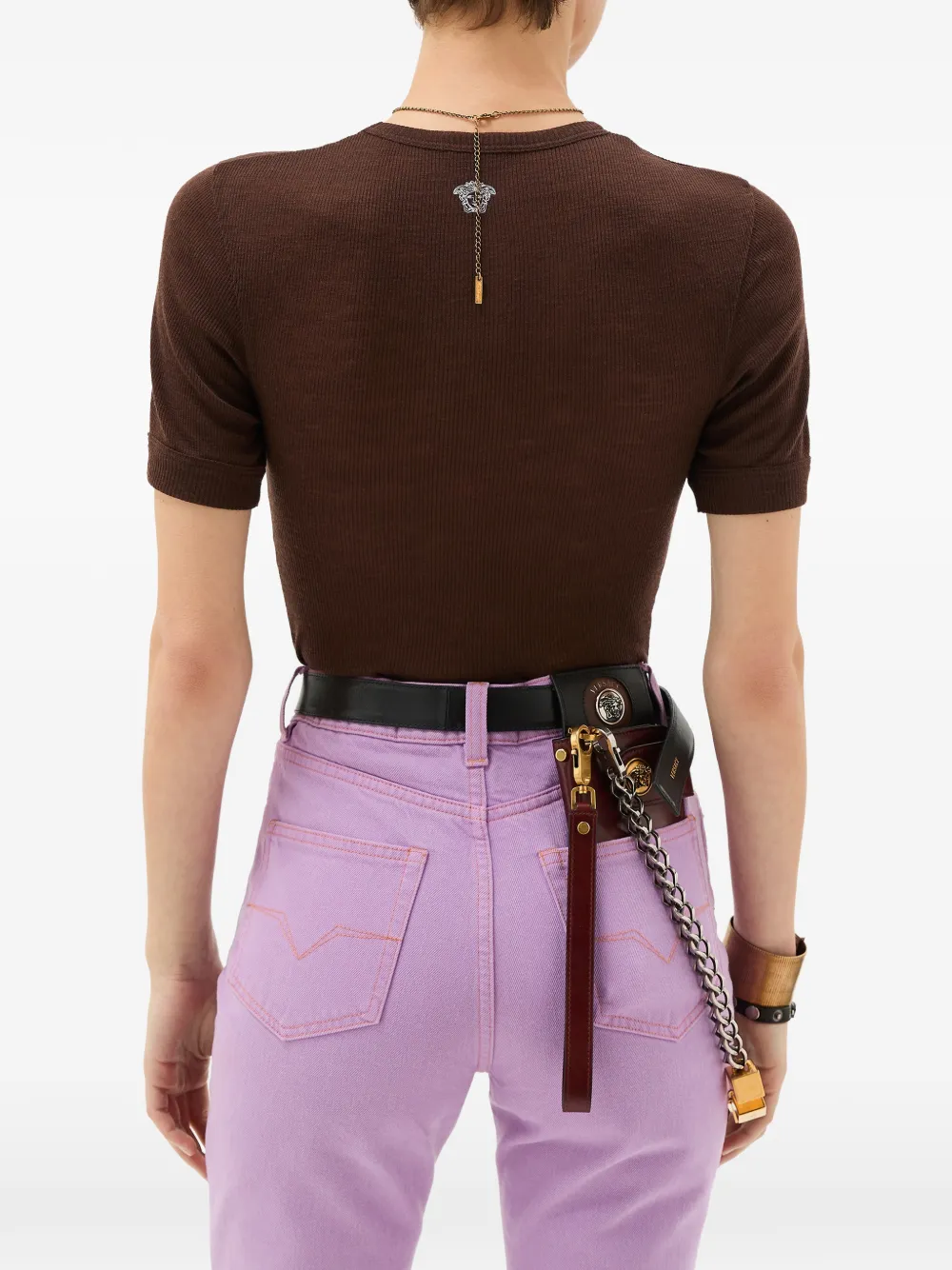 Versace Wollen ribgebreid T-shirt met borduurwerk Bruin