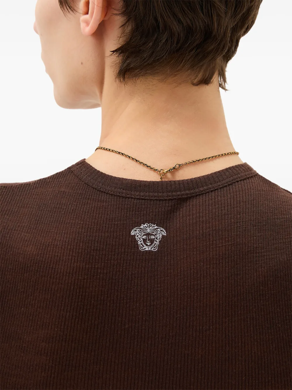 Versace Wollen ribgebreid T-shirt met borduurwerk Bruin