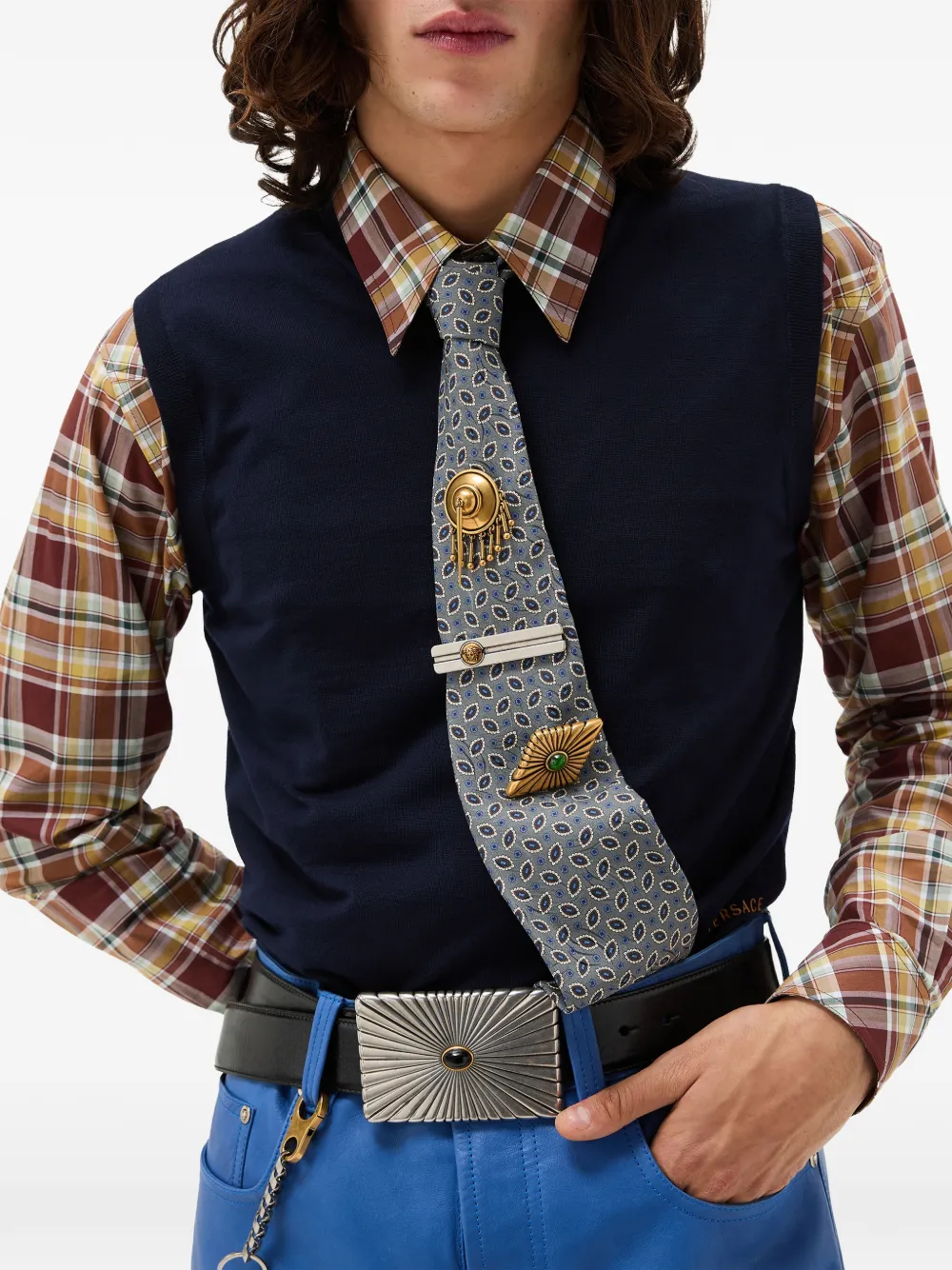Versace Zijden stropdas met jacquard en print Grijs