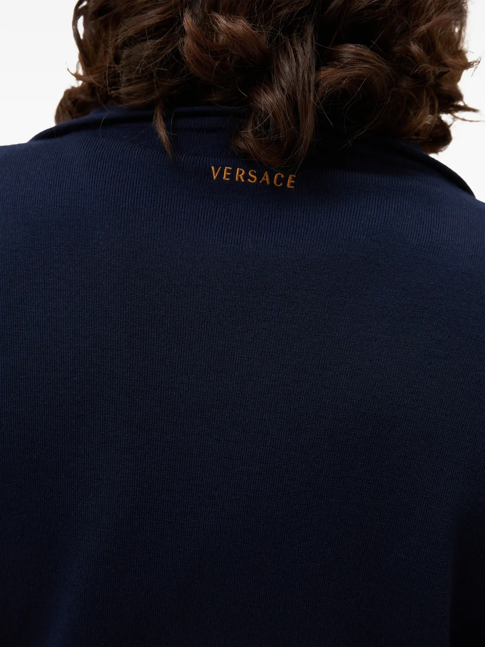 Versace Sweater van intarsia wol met leren patchwork en rits Blauw