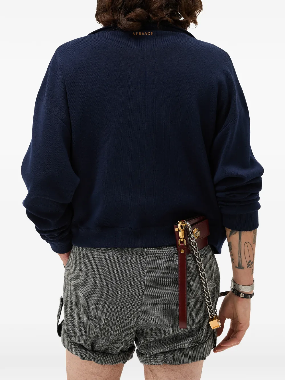  Versace Intarsia Wool & Leather Patchwork Zip Sweatshirt - Blue 