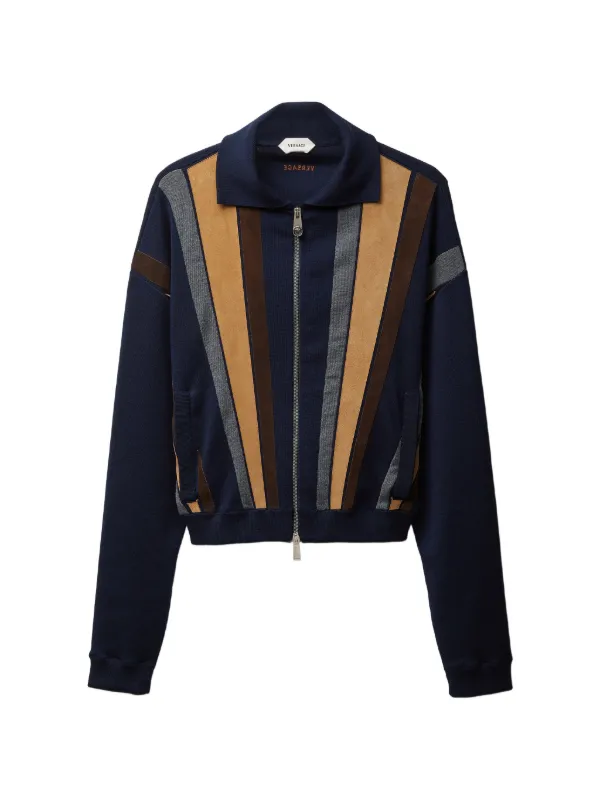 Versace Intarsia Wool & Leather Patchwork Zip Jacket in Blue