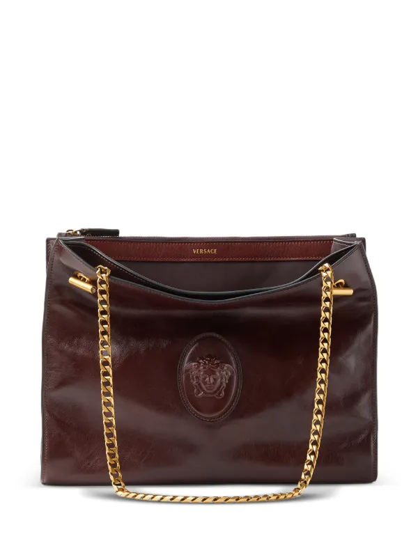 Versace Cabine Leather Shoulder Bag in Brown