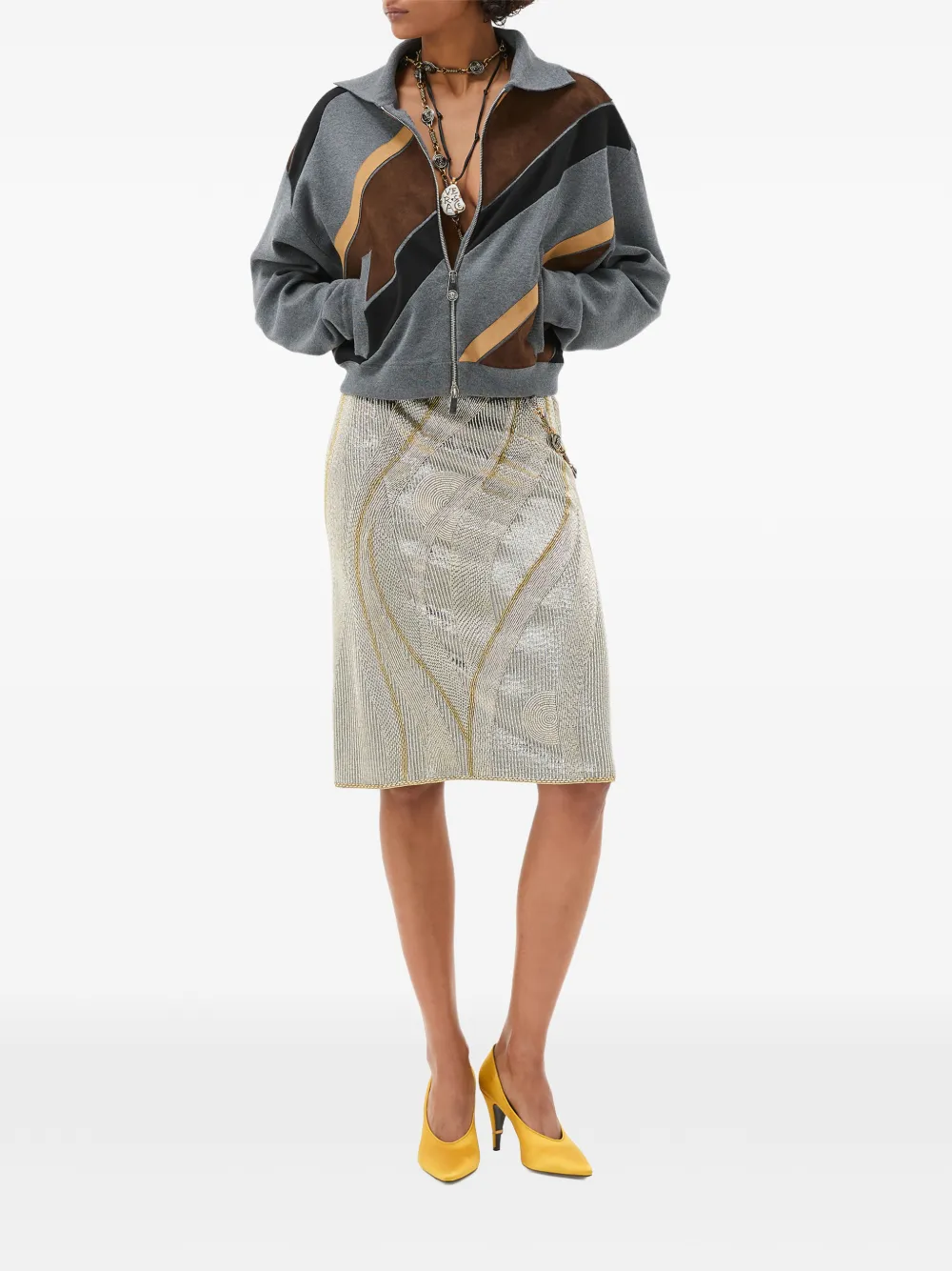 Versace Sweater van intarsia wol met leren patchwork en rits Grijs