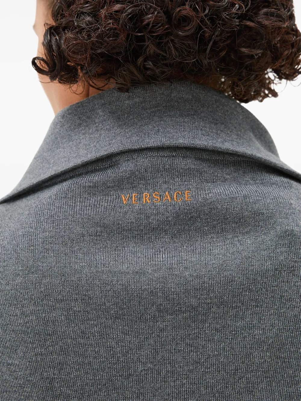 Versace Sweater van intarsia wol met leren patchwork en rits Grijs