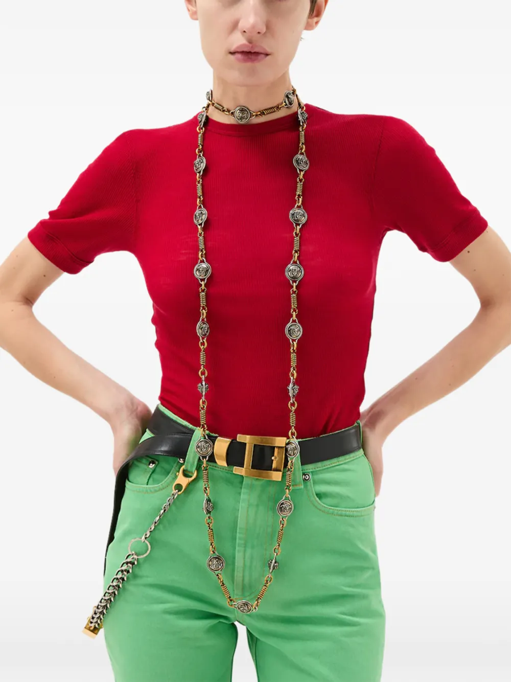 Versace Wollen ribgebreid T-shirt met borduurwerk Rood