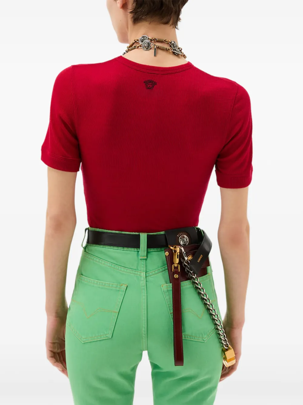 Versace Wollen ribgebreid T-shirt met borduurwerk Rood