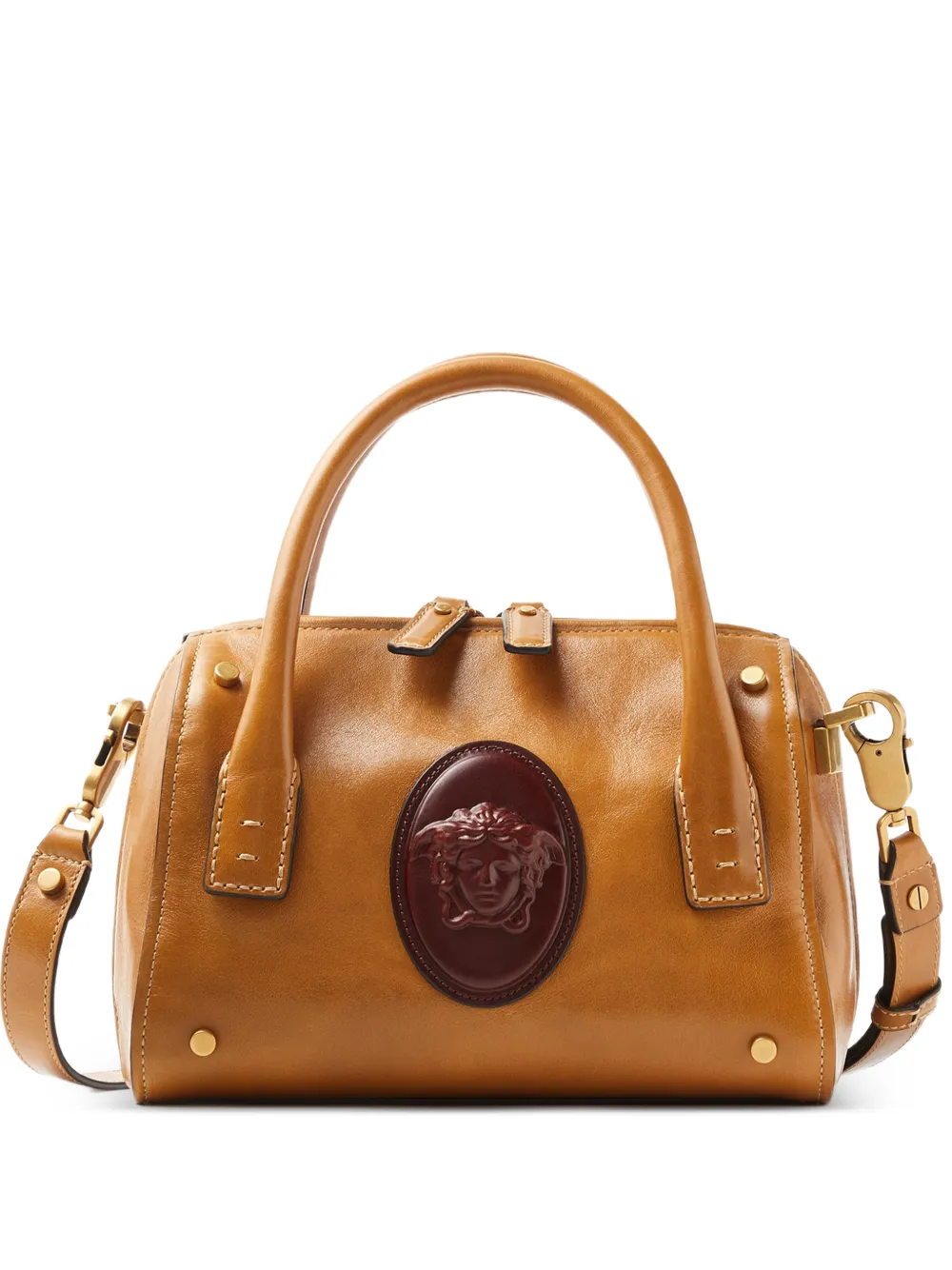 Versace Roomy Small Leather Boston Bag In Brown