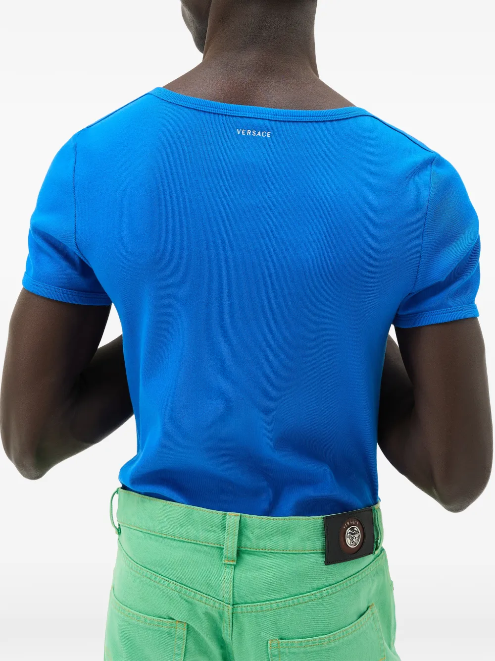 Versace Geribbeld katoenen-jersey T-shirt met borduurwerk Blauw
