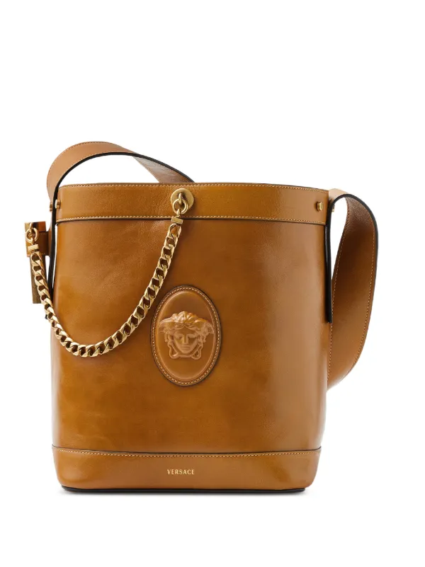 Versace Pivot Small Leather Bucket Bag in Brown
