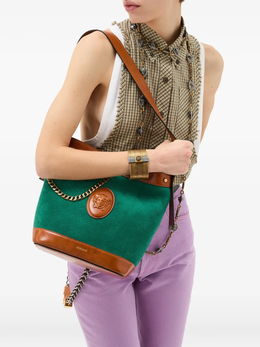 Versace Pivot kleine suède bucket-tas Groen