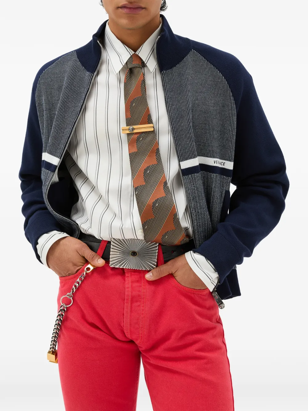 Versace Gebreide sweater met geborduurd jacquard en rits Blauw