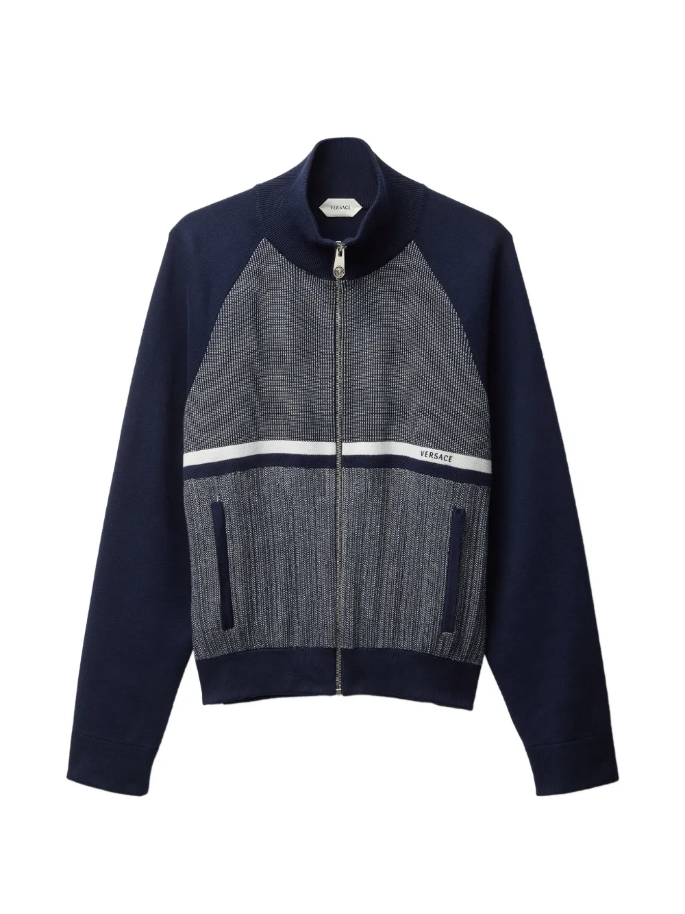 Versace embroidered jacquard cotton knit zip sweatshirt - Blau