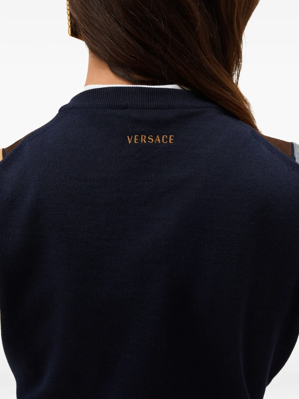 Versace Intarsia wollen top met leren patchwork Blauw