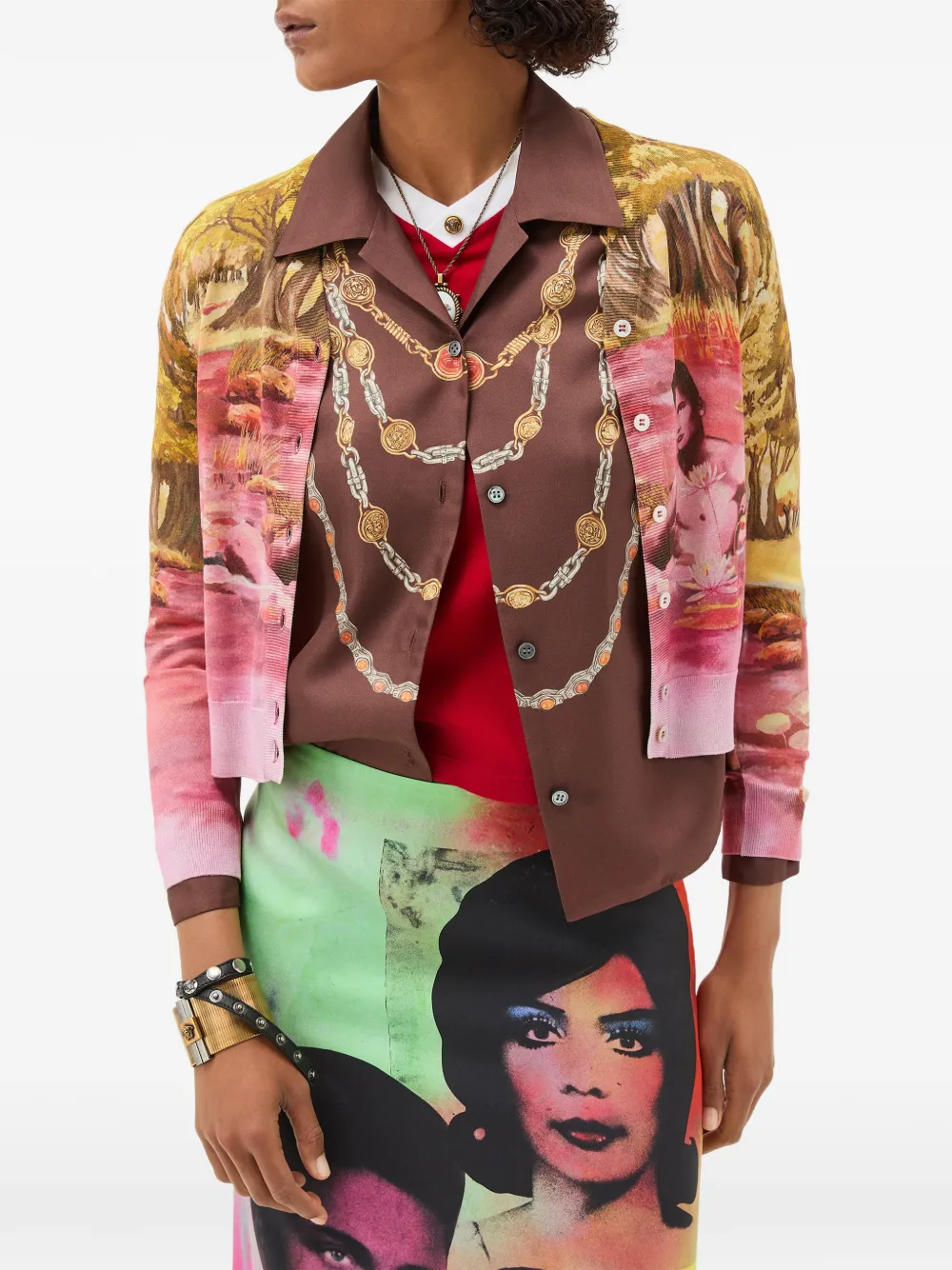  Versace Printed Silk Knit Cardigan - Yellow 