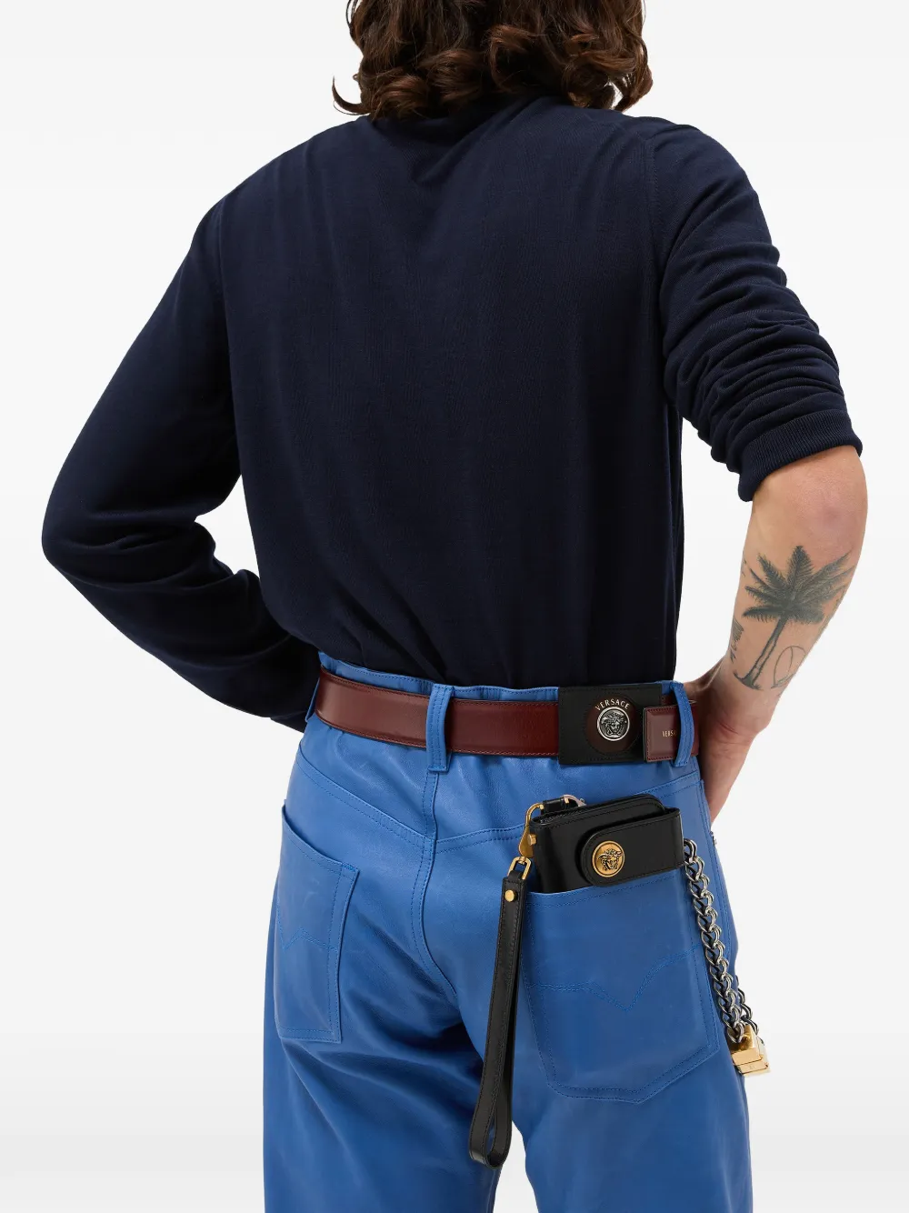 Versace Gebreide wollen trui met borduurwerk en ronde hals Blauw
