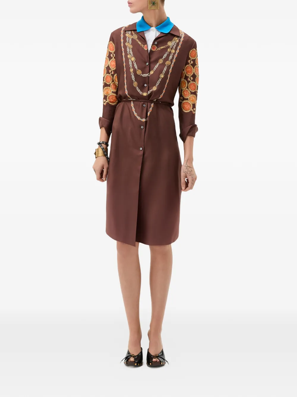 Versace Zijden twill mini-blousejurk met print Bruin