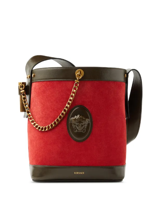 Versace Pivot Small Suede Bucket Bag in Red