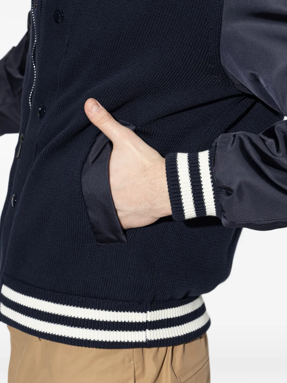 Moncler striped-trim Knitted Bomber Jacket | Blue | FARFETCH ZA